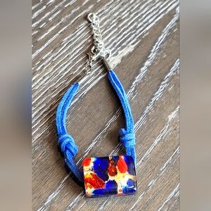 Murano Glass Signed Made In Italy Cobalt Blue Lamp Work Leather Cord Bracelet